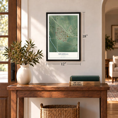 Unadilla, Nebraska map, 12 x 18 inch print in a black frame in an entryway