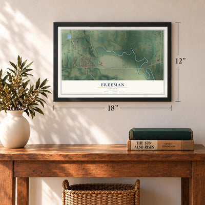Freeman, Missouri map, 12 x 18 inch print in a black frame in an entryway