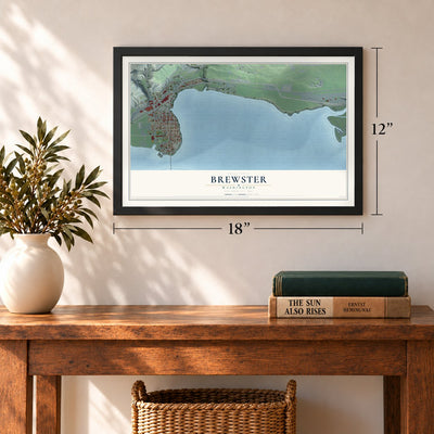 Brewster, Washington map, 12 x 18 inch print in a black frame in an entryway