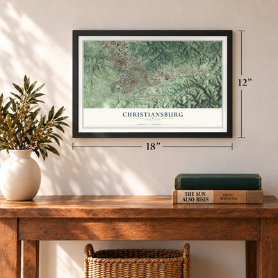 Christiansburg, Virginia map, 12 x 18 inch print in a black frame in an entryway