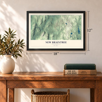 New Braintree, Massachusetts map, 12 x 18 inch print in a black frame in an entryway