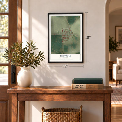 Hooppole, Illinois map, 12 x 18 inch print in a black frame in an entryway