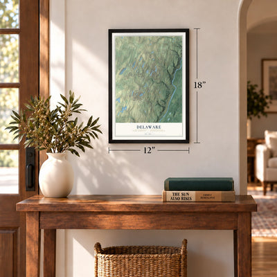 Delaware, Pike County, Pennsylvania map, 12 x 18 inch print in a black frame in an entryway