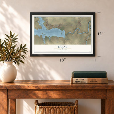 Logan, New Mexico map, 12 x 18 inch print in a black frame in an entryway