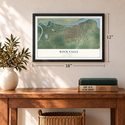 Rock Falls, Illinois map, 12 x 18 inch print in a black frame in an entryway