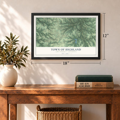 Town of Highland, Iowa County, Wisconsin map, 12 x 18 inch print in a black frame in an entryway
