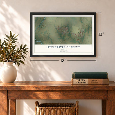 Little River-Academy, Texas map, 12 x 18 inch print in a black frame in an entryway