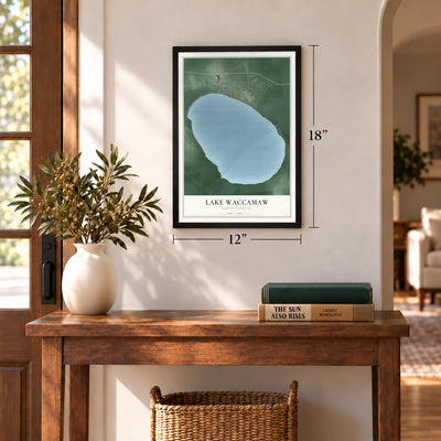 Lake Waccamaw, North Carolina map, 12 x 18 inch print in a black frame in an entryway