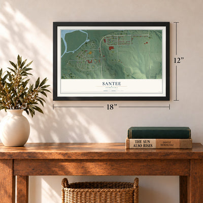 Santee, Nebraska map, 12 x 18 inch print in a black frame in an entryway
