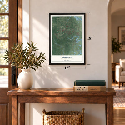 Bluffton, South Carolina map, 12 x 18 inch print in a black frame in an entryway