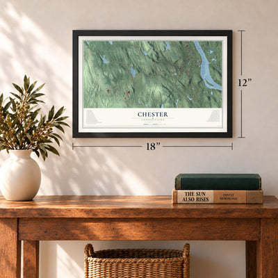 Chester, Connecticut map, 12 x 18 inch print in a black frame in an entryway
