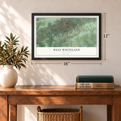 West Whiteland, Pennsylvania map, 12 x 18 inch print in a black frame in an entryway
