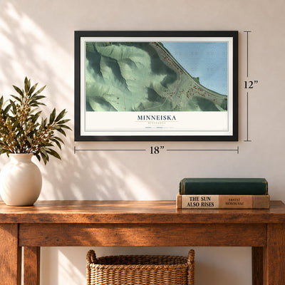 Minneiska, Minnesota map, 12 x 18 inch print in a black frame in an entryway