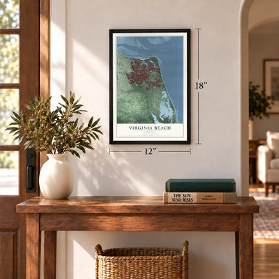 Virginia Beach, Virginia map, 12 x 18 inch print in a black frame in an entryway