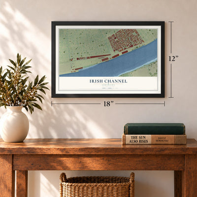 Irish Channel, Louisiana map, 12 x 18 inch print in a black frame in an entryway