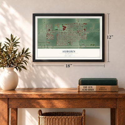 Auburn, Michigan map, 12 x 18 inch print in a black frame in an entryway
