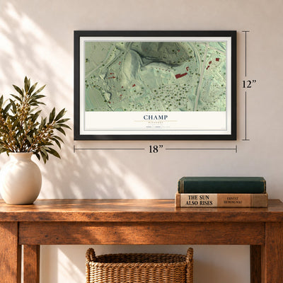 Champ, Missouri map, 12 x 18 inch print in a black frame in an entryway