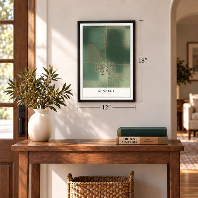 Kennedy, Minnesota map, 12 x 18 inch print in a black frame in an entryway