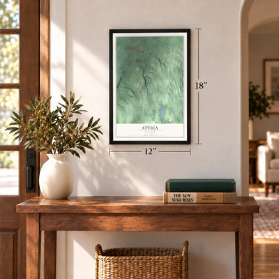 Attica, New York map, 12 x 18 inch print in a black frame in an entryway