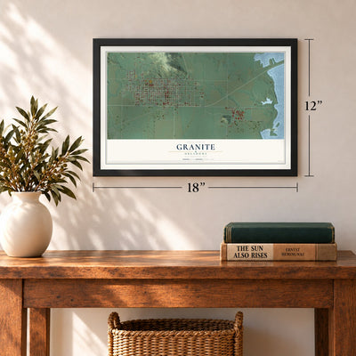 Granite, Oklahoma map, 12 x 18 inch print in a black frame in an entryway
