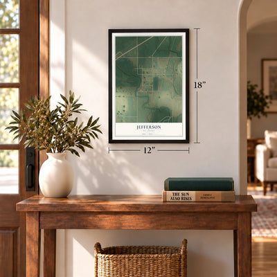 Jefferson, Oklahoma map, 12 x 18 inch print in a black frame in an entryway