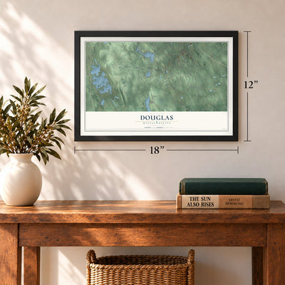Douglas, Massachusetts map, 12 x 18 inch print in a black frame in an entryway