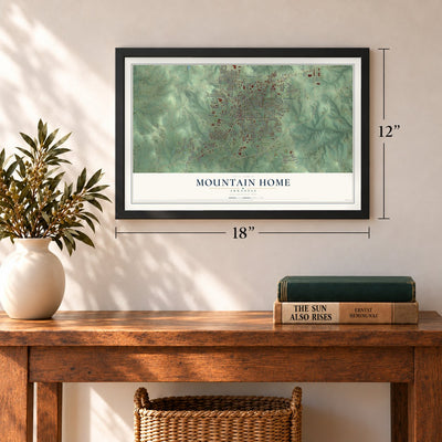 Mountain Home, Arkansas map, 12 x 18 inch print in a black frame in an entryway