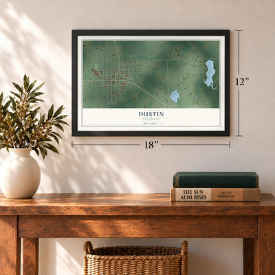 Dustin, Oklahoma map, 12 x 18 inch print in a black frame in an entryway
