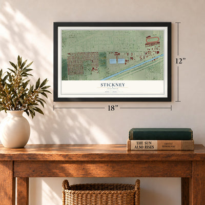 Stickney, Illinois map, 12 x 18 inch print in a black frame in an entryway