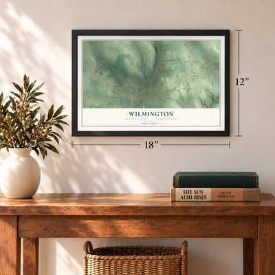 Wilmington, Mercer County, Pennsylvania map, 12 x 18 inch print in a black frame in an entryway