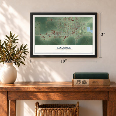 Roanoke, Illinois map, 12 x 18 inch print in a black frame in an entryway
