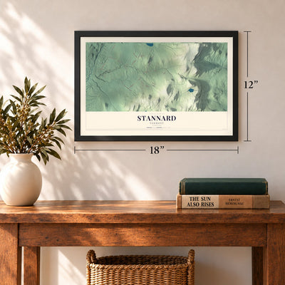 Stannard, Vermont map, 12 x 18 inch print in a black frame in an entryway