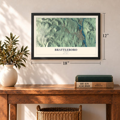 Brattleboro, Vermont map, 12 x 18 inch print in a black frame in an entryway