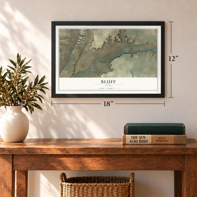 Bluff, Utah map, 12 x 18 inch print in a black frame in an entryway