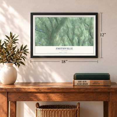 Smithville, New York map, 12 x 18 inch print in a black frame in an entryway