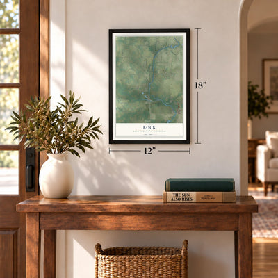 Rock, Rock County, Wisconsin map, 12 x 18 inch print in a black frame in an entryway