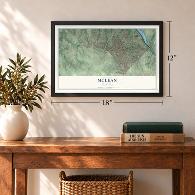 McLean, Virginia map, 12 x 18 inch print in a black frame in an entryway