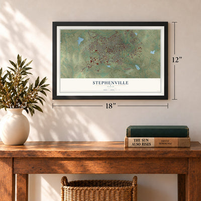 Stephenville, Texas map, 12 x 18 inch print in a black frame in an entryway
