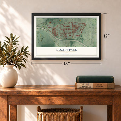 Mozley Park, Georgia map, 12 x 18 inch print in a black frame in an entryway