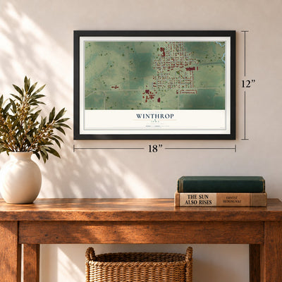Winthrop, Iowa map, 12 x 18 inch print in a black frame in an entryway