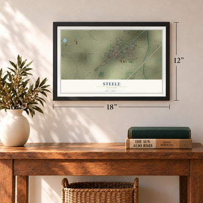 Steele, Missouri map, 12 x 18 inch print in a black frame in an entryway