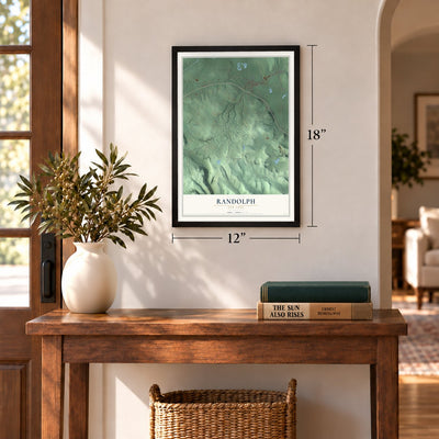Randolph, New York map, 12 x 18 inch print in a black frame in an entryway