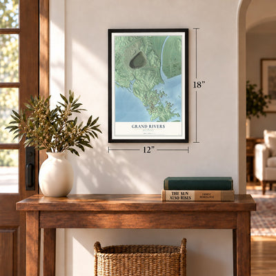 Grand Rivers, Kentucky map, 12 x 18 inch print in a black frame in an entryway