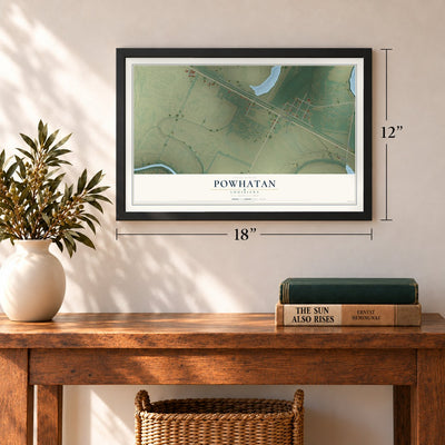 Powhatan, Louisiana map, 12 x 18 inch print in a black frame in an entryway