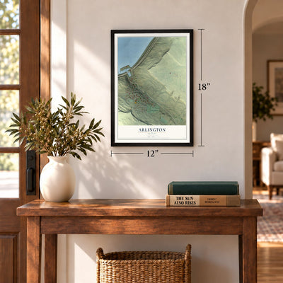 Arlington, Oregon map, 12 x 18 inch print in a black frame in an entryway