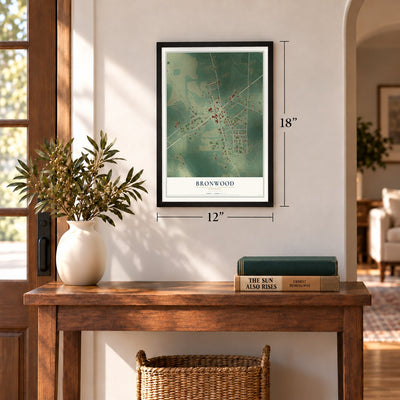 Bronwood, Georgia map, 12 x 18 inch print in a black frame in an entryway