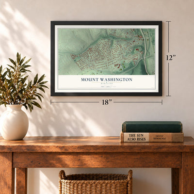 Mount Washington, Maryland map, 12 x 18 inch print in a black frame in an entryway