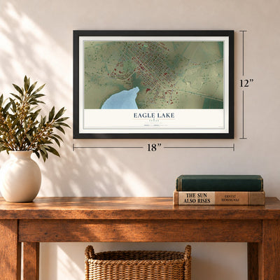 Eagle Lake, Texas map, 12 x 18 inch print in a black frame in an entryway