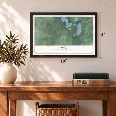 Tyre, New York map, 12 x 18 inch print in a black frame in an entryway