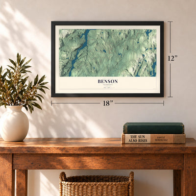 Benson, Vermont map, 12 x 18 inch print in a black frame in an entryway
